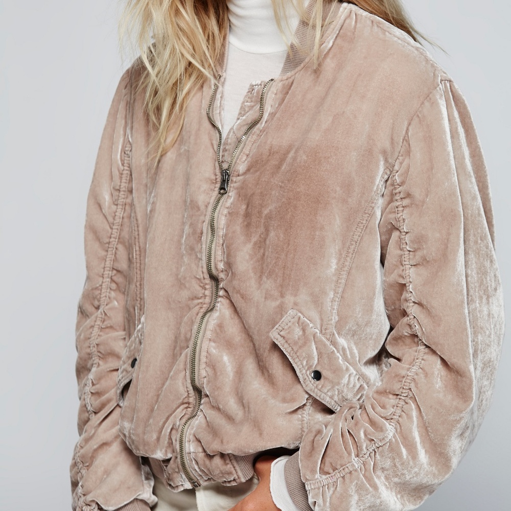 Free People Ruched Velvet Bomber Jacket in Blush